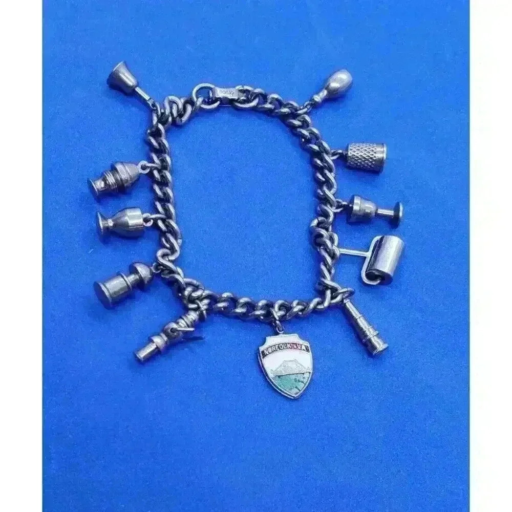 Vtg 50s Charm Bracelet loaded Travel Souvenir 11 Edco Norfolk VA Industrial